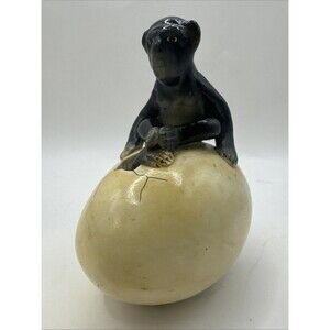 Handmade Mexican Ceramic Hatching Egg With Monkey Signed On Bottom Sculpture